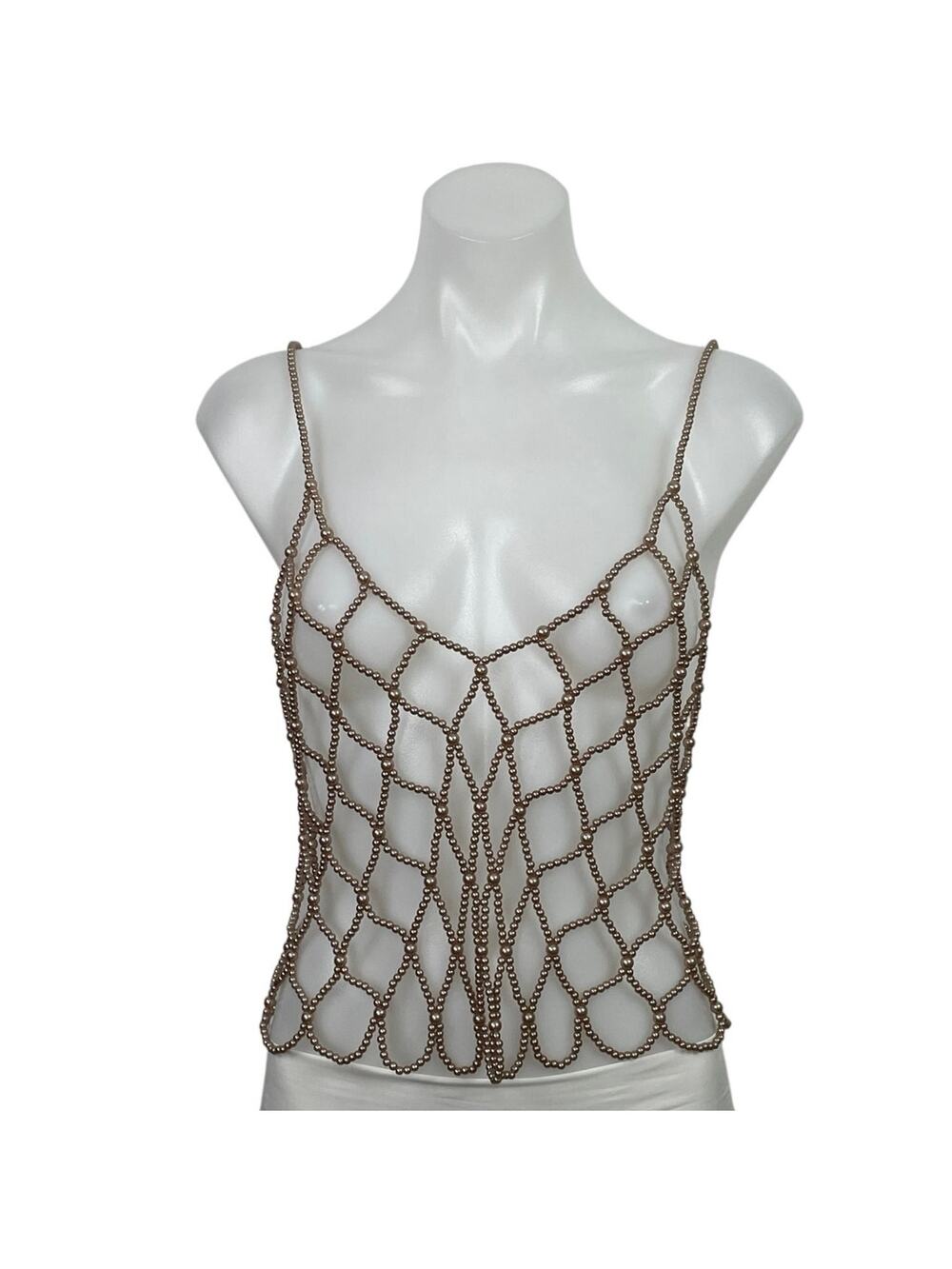 NEW Endless Blu Brown Bronze Pearl Beaded Net Cami Cover Up Tank Top Size M/L